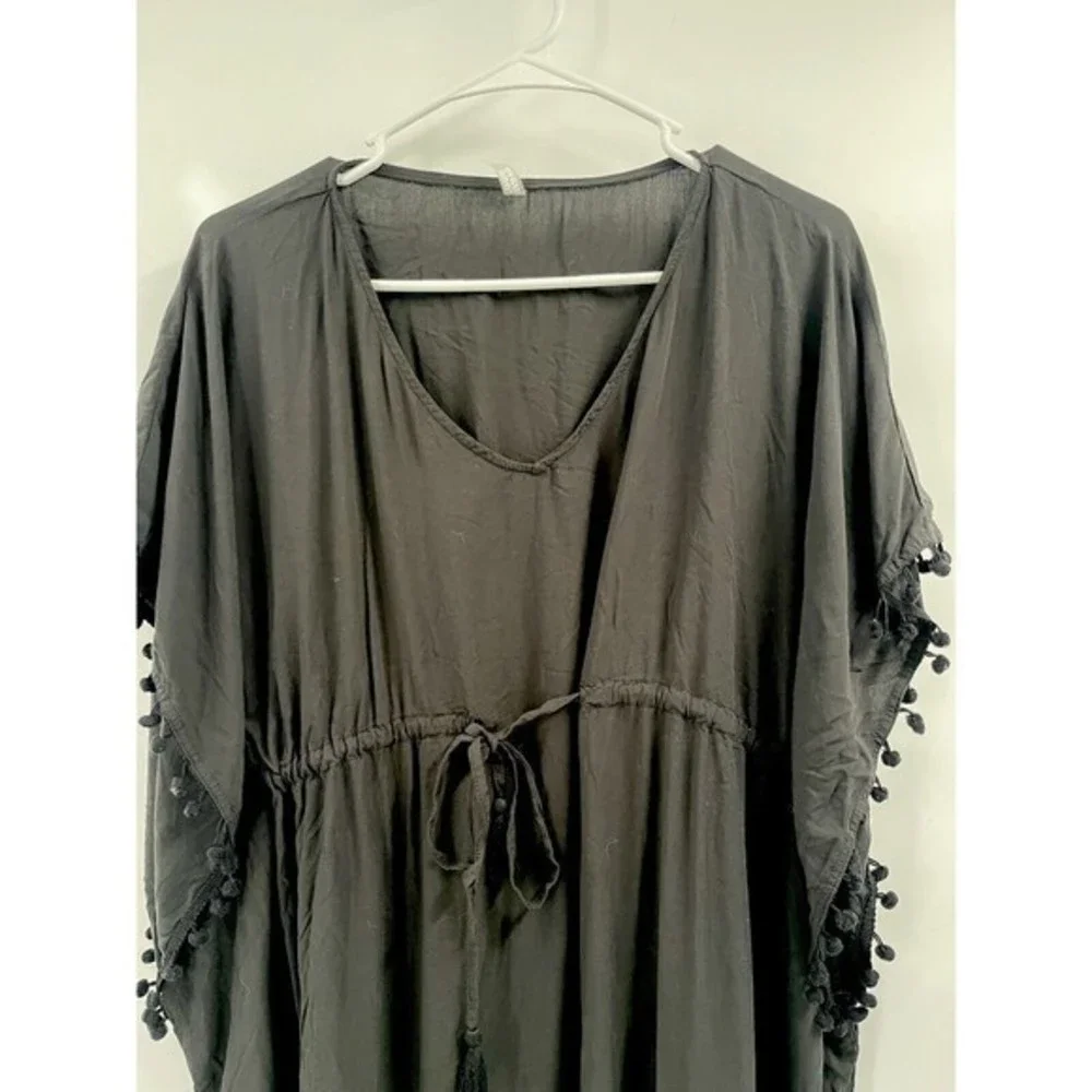 Wave Zone S/M Kaftan Swim Cover Up Womens Black Excellent Pom Pom‎ Trim Rayon